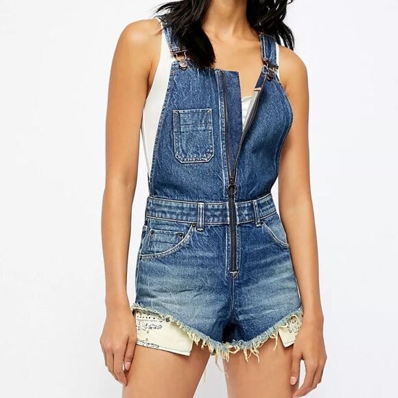 NWOT Free People Sunkissed Short Overalls size 27 adjustable straps with zipper - Picture 2 of 13
